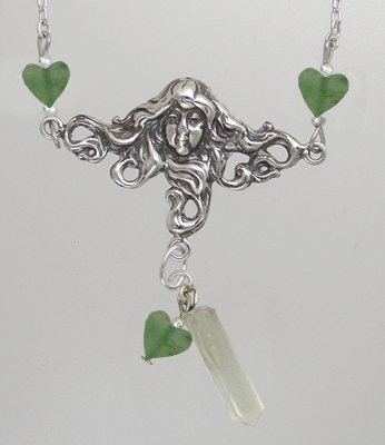 Sterling Silver Woman Maiden of the Gentle Heart Necklace With Clear Quartz And Jade Heart